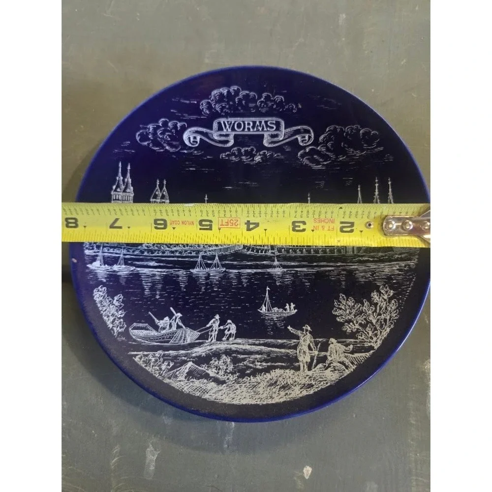DP Porzellan Worms Germany Souvenir Plate Cobalt Blue Skyline Etched Design 7.5